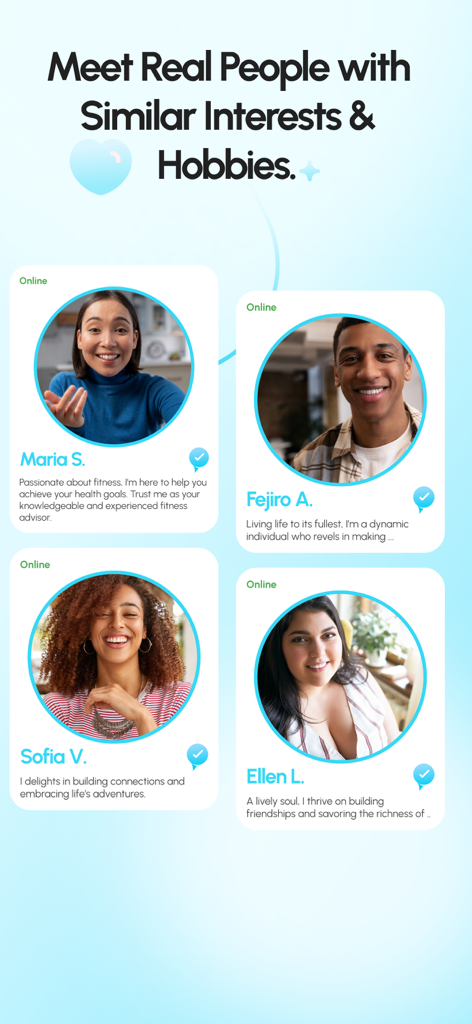 Profiles of various online cyber friends available for conversation and advice on the app