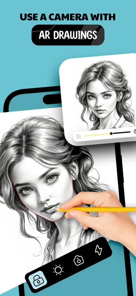 AR Drawing - Sketch - Una mano usando un lápiz amarillo para calcar un retrato detallado de una mujer en la pantalla de un smartphone usando una aplicación de dibujo AR