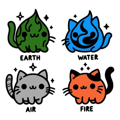 4 cats that represent the different elements, earth, water, air, and fire