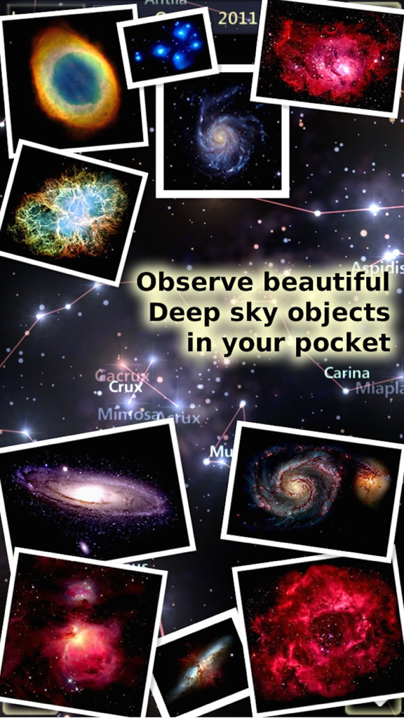 Collage of colorful nebulae and galaxies in the StarTracker app interface