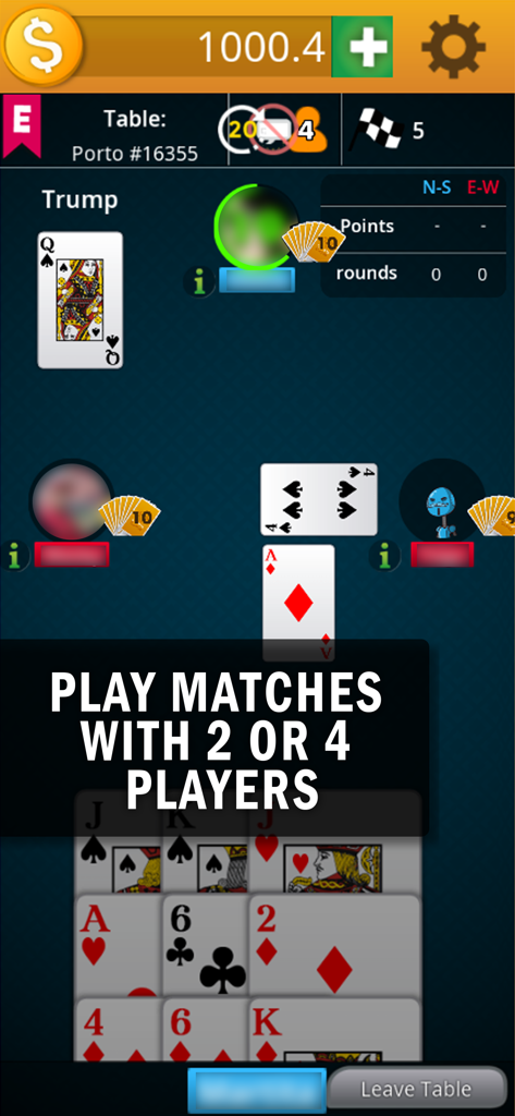 Interfaz del juego de cartas Sueca mostrando una partida multijugador con jugadores reales en una mesa digital