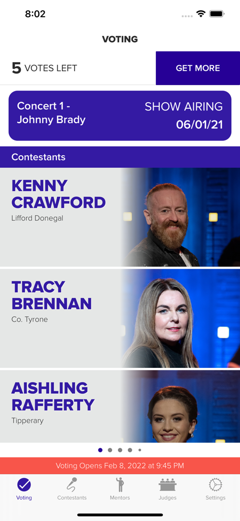 Voting screen of the Glor Tire app featuring contestants Kenny Crawford Tracy Brennan and Aishling Rafferty
