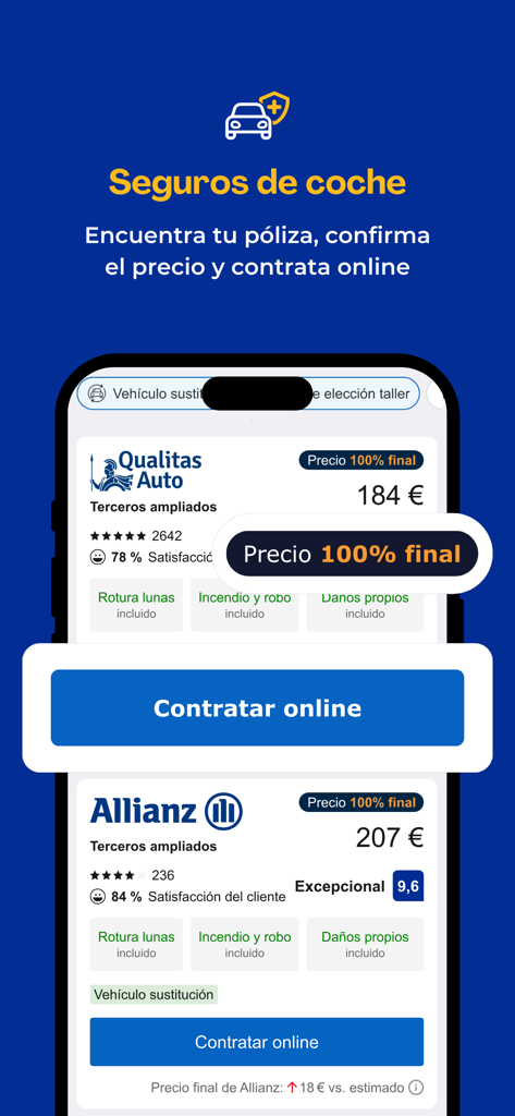CHECK24 España - A mobile app screenshot showing car insurance price comparisons on CHECK24 España with options to book online.