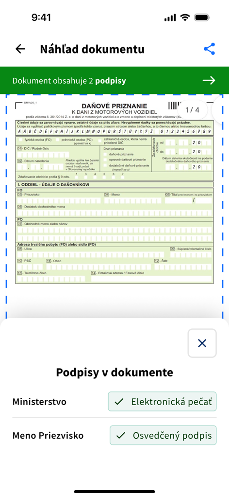 Autogram v mobile - Pantalla de la aplicación móvil que muestra una vista previa del documento y verificación de firma electrónica para un formulario de impuestos eslovaco.