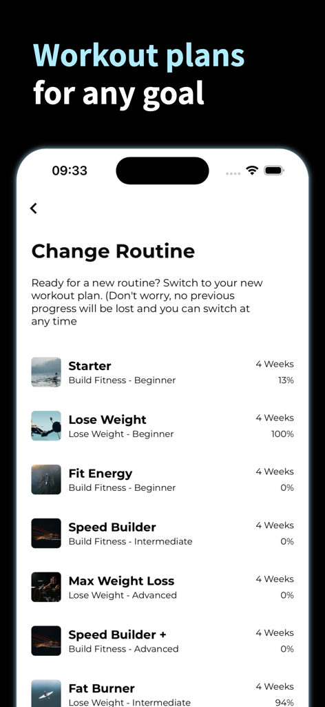 Rowing Machine Workouts - Mobile app screen displaying various rowing machine workout plans like starter and weight loss routines