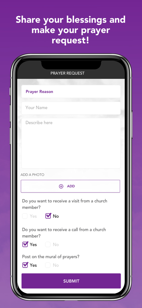 Oneness Spiritual Center - Mobile interface of the Oneness Spiritual Center app showing a prayer request form with fields for reason name and description.