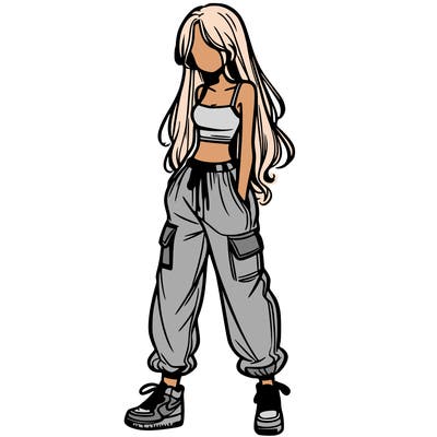 girl in baggy pants crop top and long hair