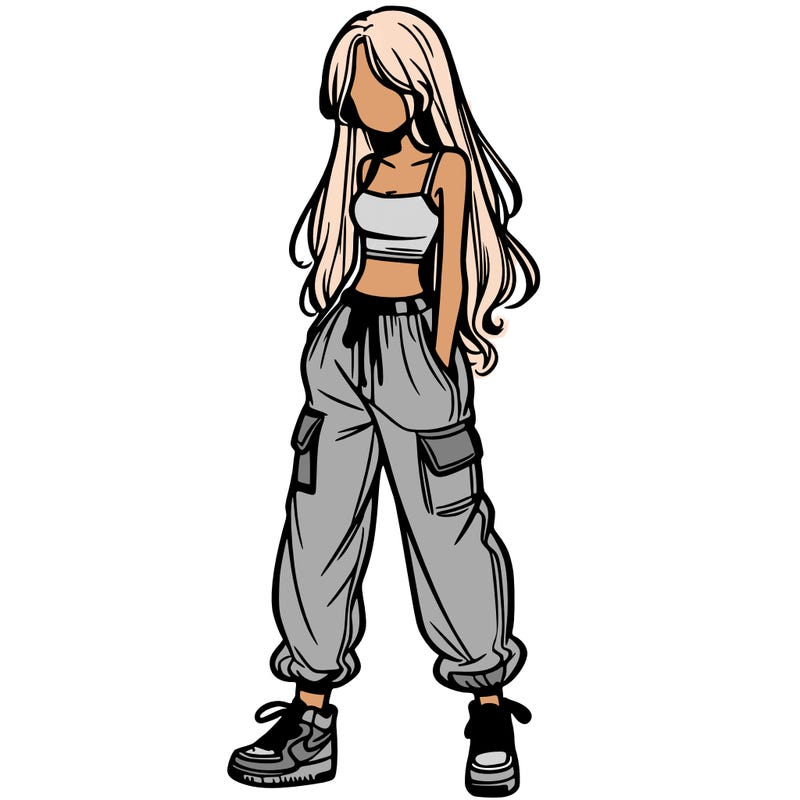 girl in baggy pants crop top and long hair