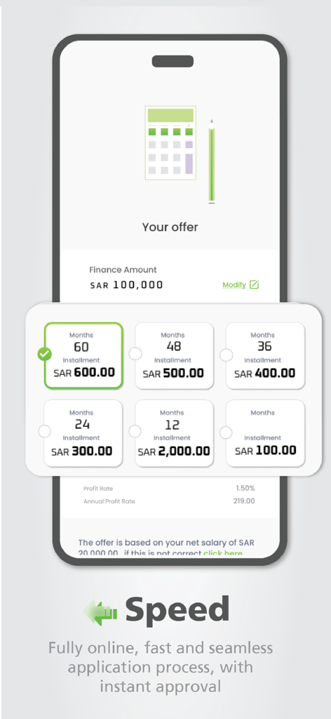 TAS HEEL Finance app interface showing monthly installment plans and instant approval message