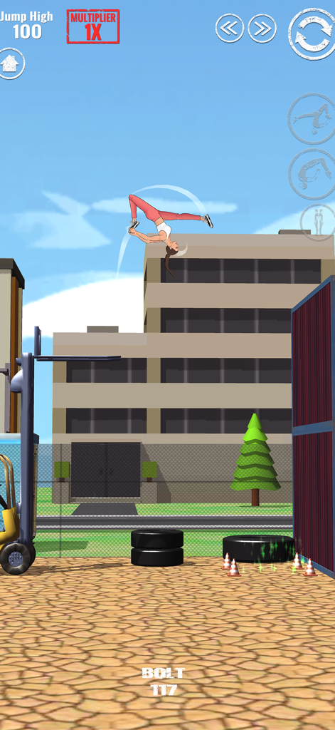 SWAGFLIP Parkour Origins - Um personagem realizando um salto mortal no ar em um nível de parkour urbano.