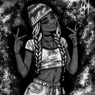 realistic teenage girl with braids and a beanie and crop top doing 🫶🏼