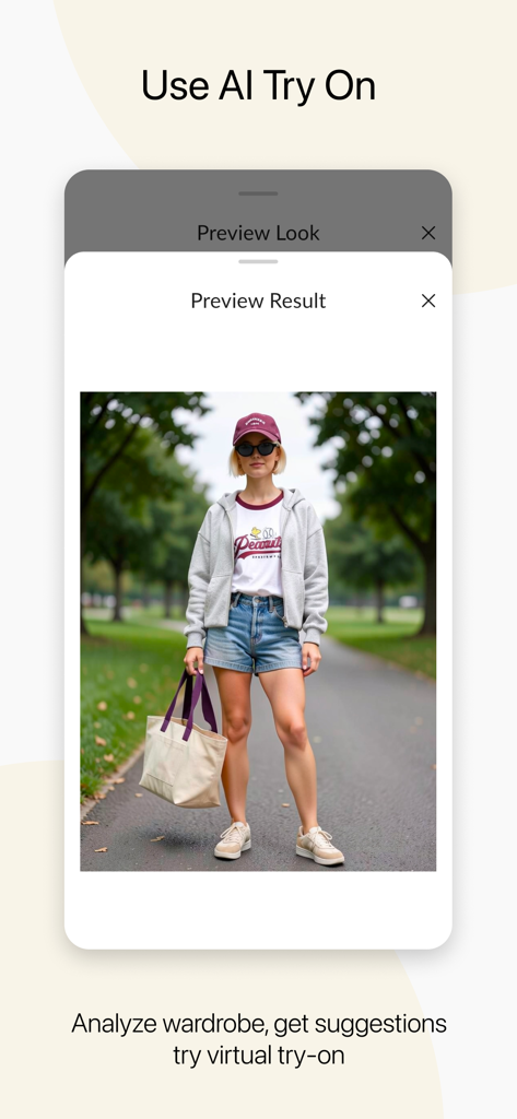 Outfitly: Closet Studio - AI virtual try-on feature in the Outfitly app showing a model wearing a curated outfit