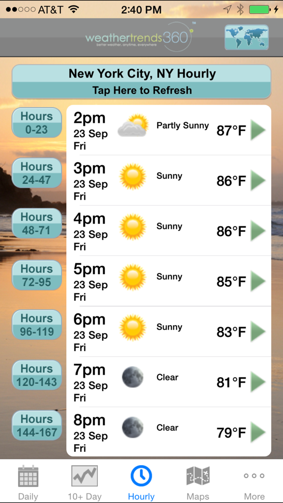 wt360 Pro mobile app showing an hourly weather forecast for New York City with temperatures and sky conditions.