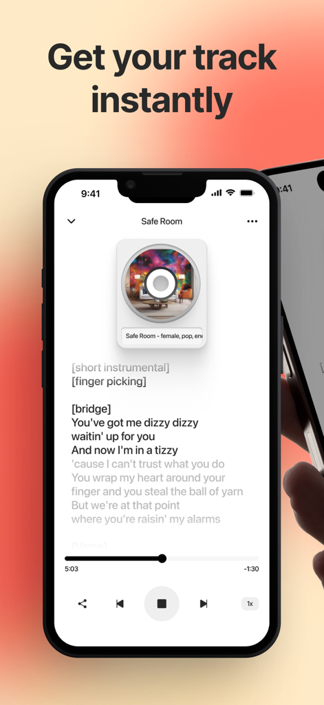 Interfaz de la aplicación SoundBox AI mostrando una canción generada con letras personalizadas y controles de reproducción.