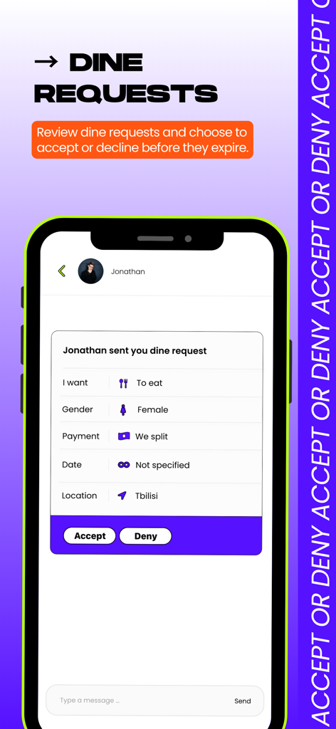 Tasteit: Connecting Foodmates - Tasteit app interface displaying a dine request with accept and deny buttons