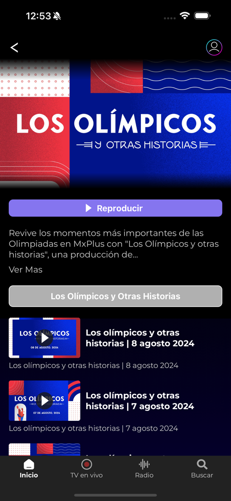 Interfaz de la aplicación móvil MXPlus que muestra una serie documental sobre los Juegos Olímpicos con un botón de reproducción y una lista de episodios