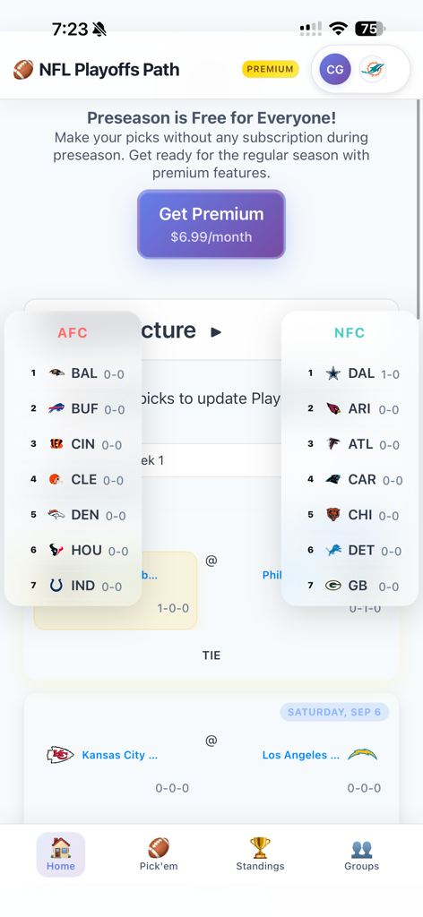 Playoff Path Football - NFL Playoffs Path app home screen showing AFC and NFC conference standings and game predictions