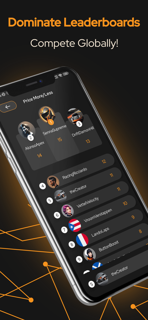 Uma captura de tela da tabela de classificação global no Car Quiz Plus mostrando os rankings e pontuações dos jogadores para o modo de jogo Preço Maior ou Menor