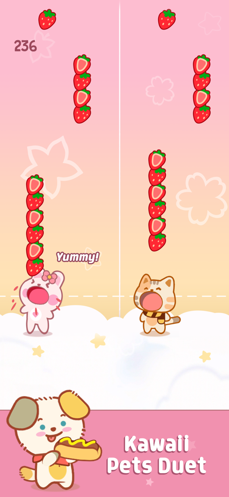 Duet Friends: Pet Music Games - Coelho e gato fofos de desenho animado pegando morangos caindo na tela do jogo de ritmo Kawaii Pets Duet