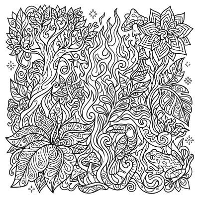 Unleash your creativity with this intricate psychedelic rainforest coloring page. Featuring swirling flora, hidden creatures, and a vibrant, trippy atmosphere, it's an exciting challenge for colorists of all levels.