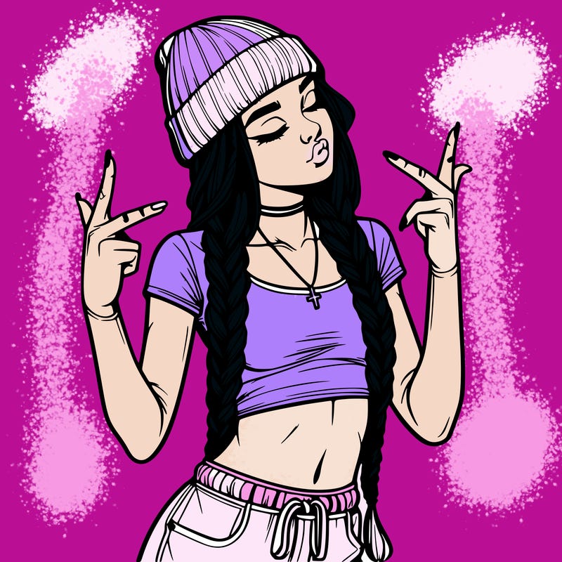 realistic teenage girl with braids and a beanie and crop top doing 🫶🏼