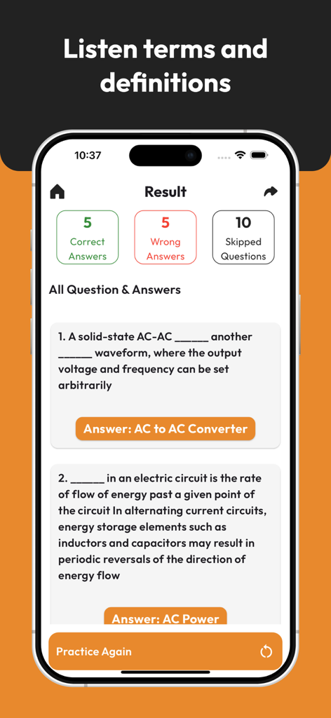 A mobile screen showing the results of a computer science quiz with correct, wrong, and skipped answer counts.