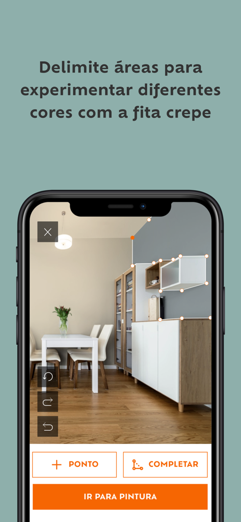 Suvinil Teste Sua Cor - Interface of the Suvinil Teste Sua Cor app showing the digital masking tape feature to select wall areas for color testing.