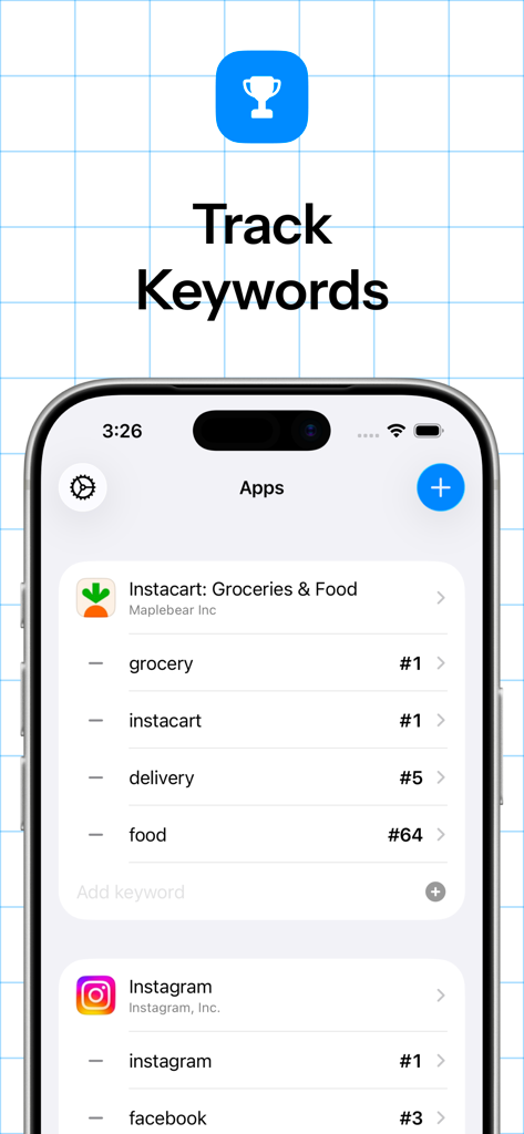 Keyword Tracker ASO App Trends - Interface of the Keyword Tracker app showing keyword rankings for apps like Instacart and Instagram on an iPhone screen