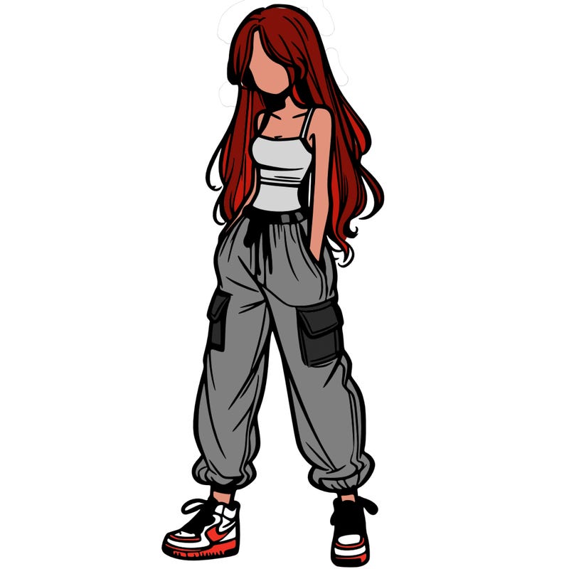 girl in baggy pants crop top and long hair