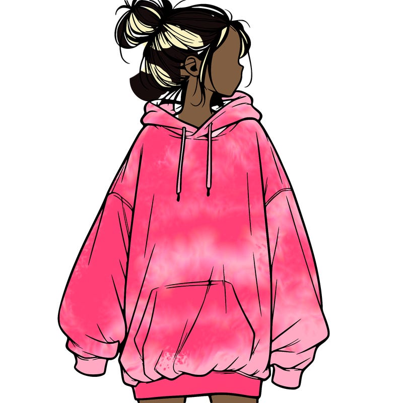 realistic girl with a oversized sweatshirt on and a bun