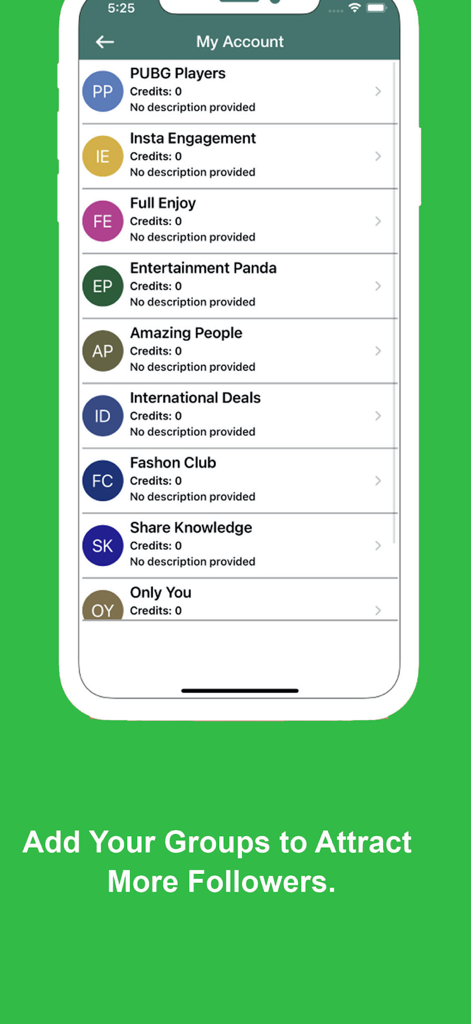 Una interfaz móvil que muestra varias listas de grupos de WhatsApp como Jugadores de PUBG y Participación en Insta en la pantalla Mi Cuenta.