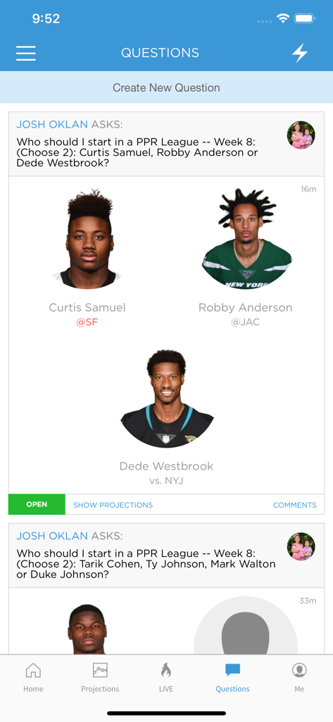 Tela de perguntas do aplicativo numberFire fantasy sports com recomendações de start ou sit para jogadores de futebol americano