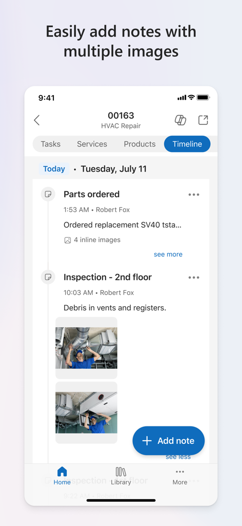 Dynamics 365 Field Service - Dynamics 365 Field Service App-Oberfläche zeigt eine Zeitleiste des Arbeitsauftrags mit Inspektionsnotizen und Fotos für eine HVAC-Reparatur an