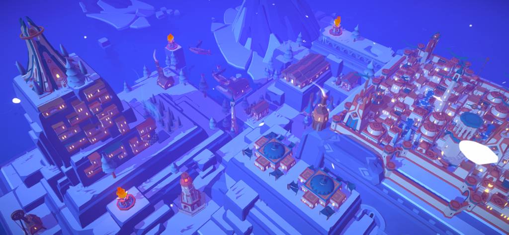 ISLANDERS: Mobile - A peaceful island city at night with minimalist buildings and soft blue lighting