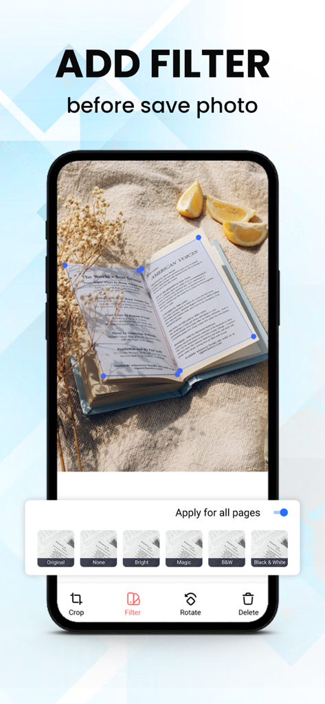 Scanner App: Scan All Document - Interface do aplicativo móvel SnapScan mostrando vários filtros e ferramentas de edição para um livro digitalizado