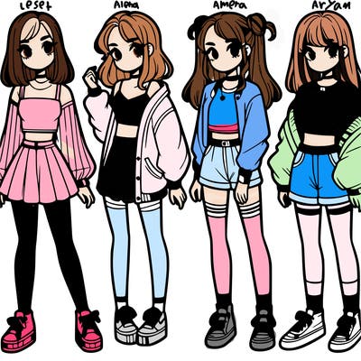 one girl with crop-top shirt and a jacket with a skirt, long socks and another girl with a shirt and pants with a jacket