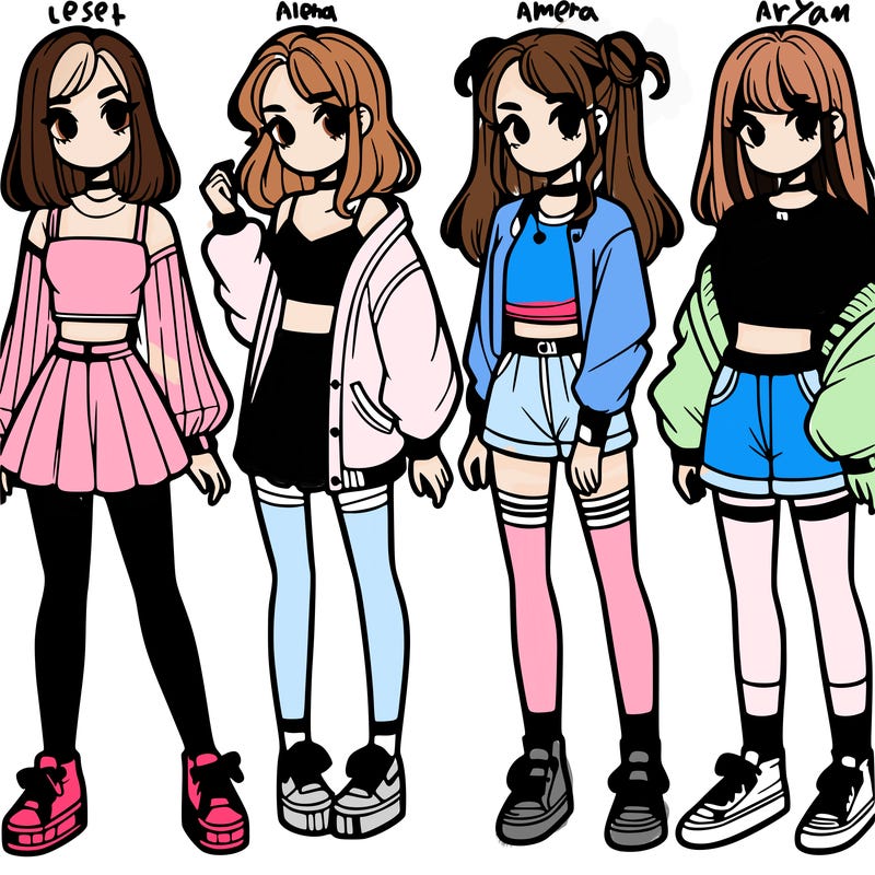 one girl with crop-top shirt and a jacket with a skirt, long socks and another girl with a shirt and pants with a jacket