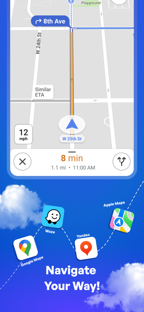 Route planner app interface showing integrated navigation options with Google Maps and Waze