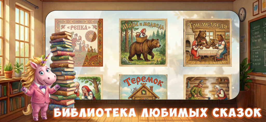 A pink unicorn character in a classroom next to a stack of books and covers of classic Russian fairy tales.