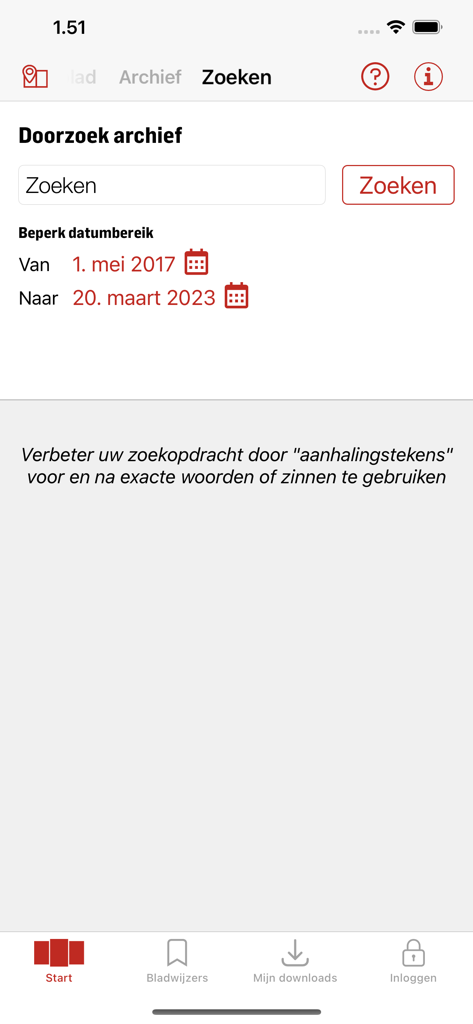 Interface de recherche pour l'archive du journal AD avec des filtres de plage de dates.