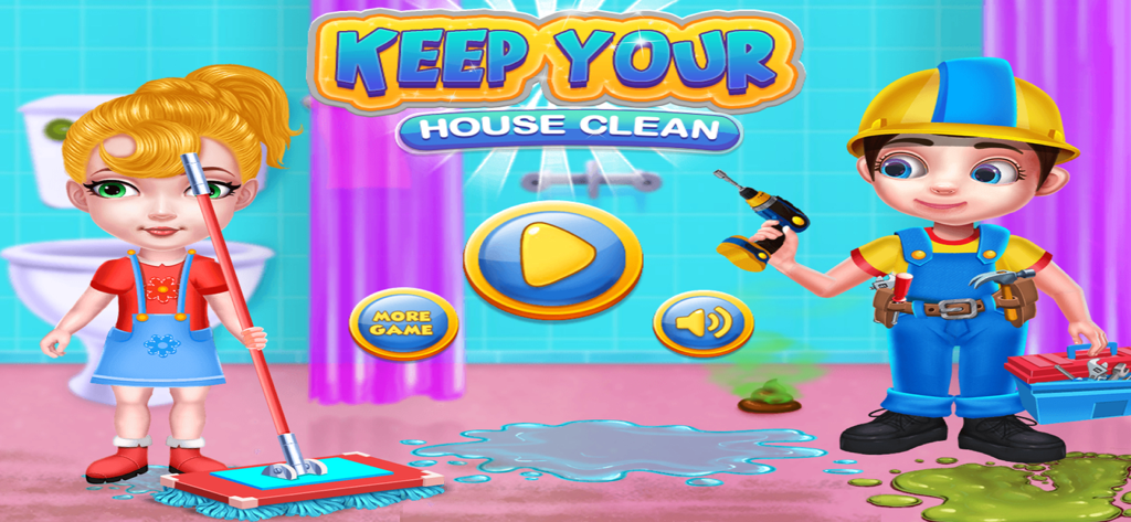 Menú principal del juego House Clean con una chica con una fregona y un chico con un taladro en un baño desordenado.