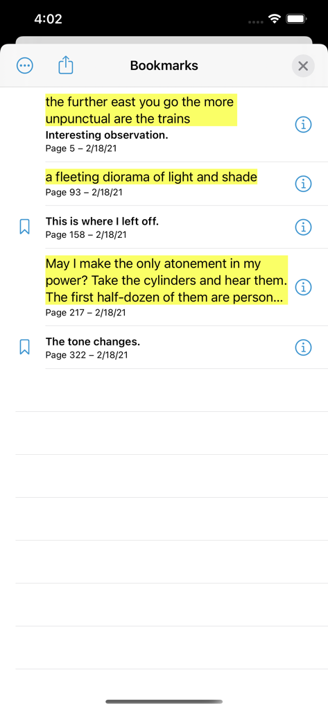 A screenshot of the Bookmarks and annotations list in the Bluefire Reader app showing highlighted text and notes