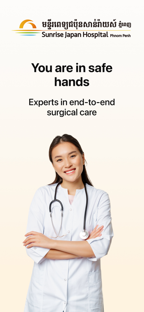 Uma médica sorridente no Sunrise Japan Hospital Phnom Penh com texto afirmando especialização em cuidados cirúrgicos
