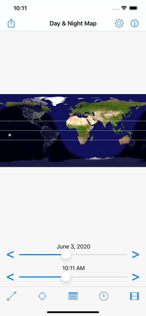 Day and Night Map app showing daylight and night regions on a world map with date and time sliders