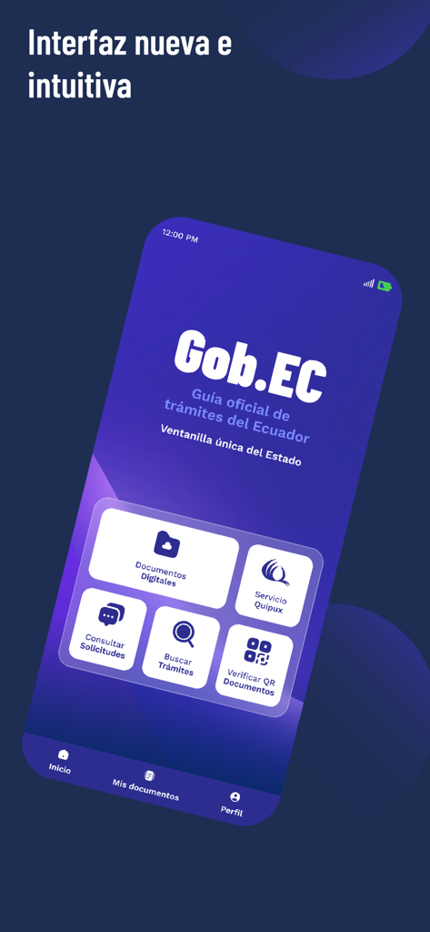 Gob.EC - Interfaccia principale dell'app mobile Gob.EC che mostra opzioni per documenti digitali e procedure governative