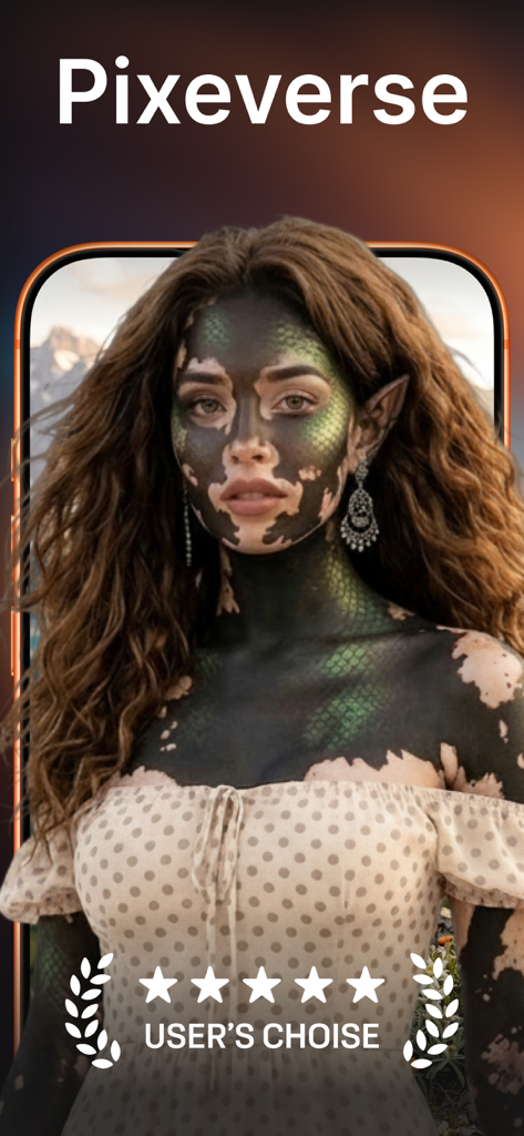 Pixverse AI Video Generator - Portrait généré par IA d'une femme avec une texture de peau verte semblable à celle d'un reptile dans l'application de création vidéo Pixverse