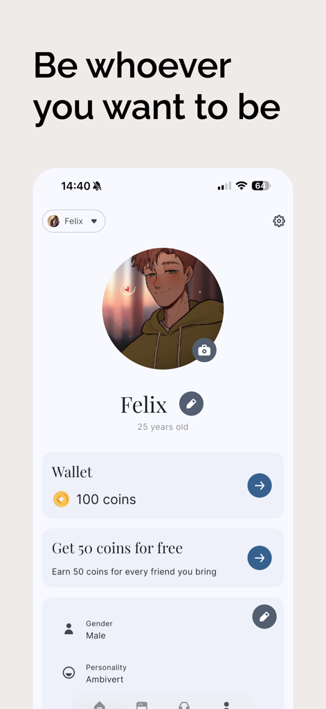ArcanaAI: AI Roleplay Chat - Mobile app screen showing a custom AI character profile with name, age, and personality traits.