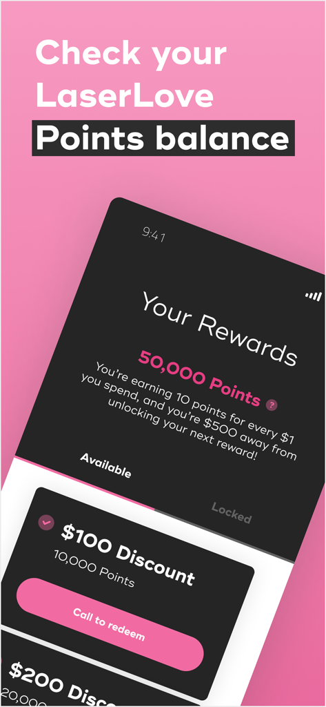 LaserAway Mobile - Tela de recompensas do aplicativo móvel LaserAway mostrando pontos LaserLove e descontos disponíveis