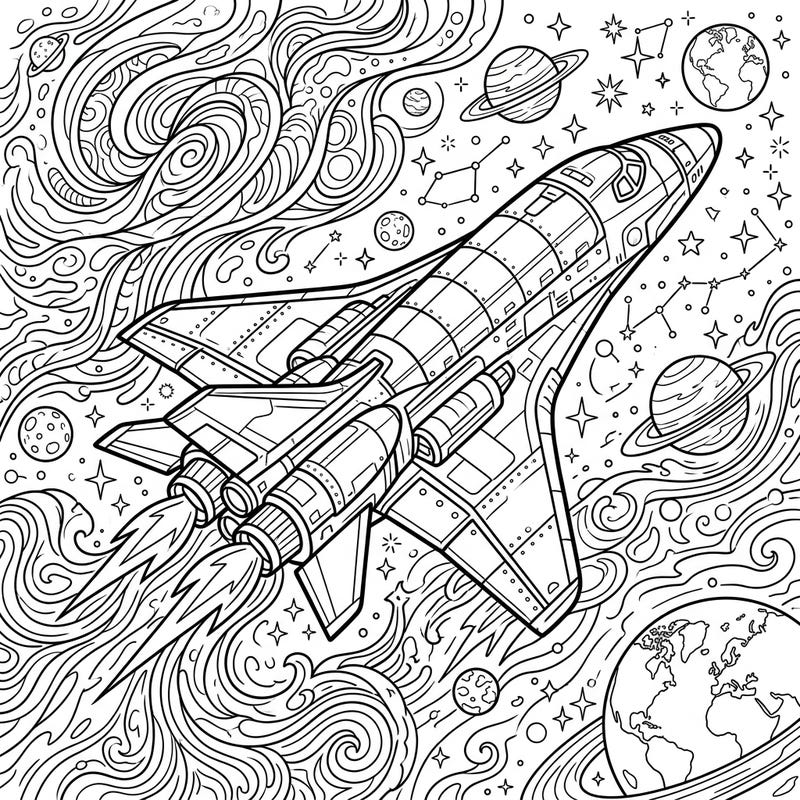 Prepare for an epic artistic journey with this detailed space plane coloring page designed especially for teens. Immerse yourself in a cosmic landscape filled with stars, planets, and swirling nebulae, waiting for your creative touch.