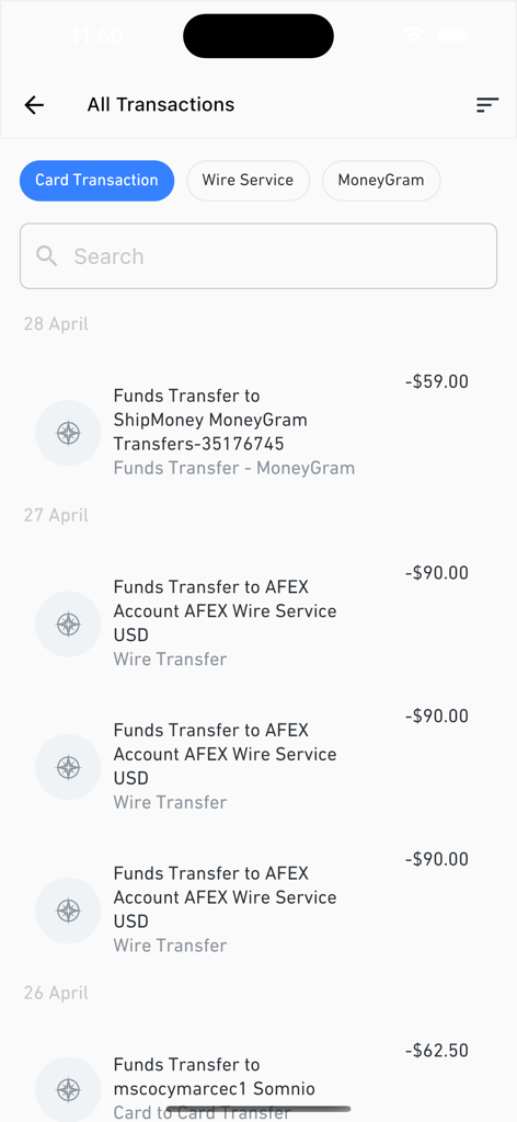 ShipMoney app transaction history screen showing funds transfers and wire services